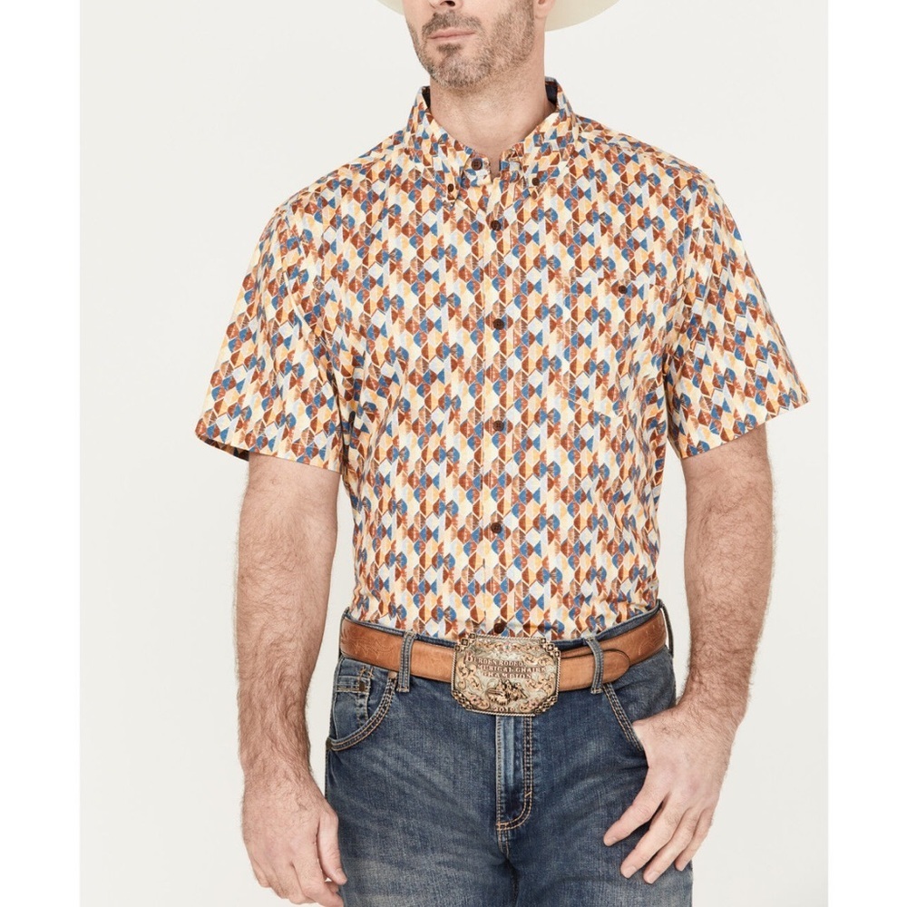 RANK 45 MEN'S ABSTRACT GEO PRINT SHORT SLEEVE BUTTON-DOWN SHIRT SIZE XL